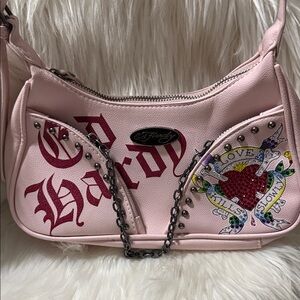 Ed Hardy Light Pink Shoulder Bag with Red Logo & Embellished Heart
